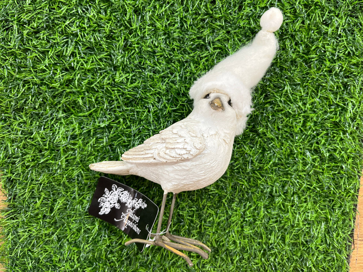 White Ceramic Bird with Christmas Hat - small