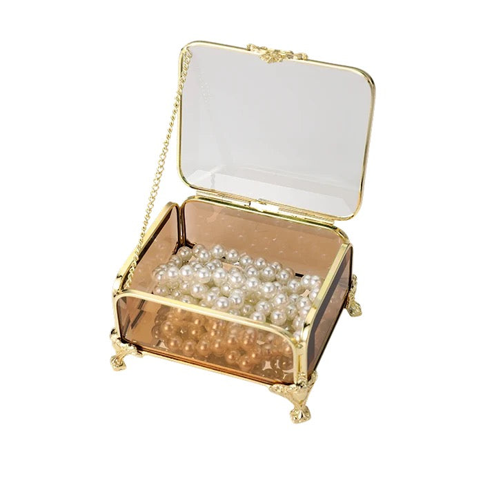 Jewellery Box Gold Amber Glass Small
