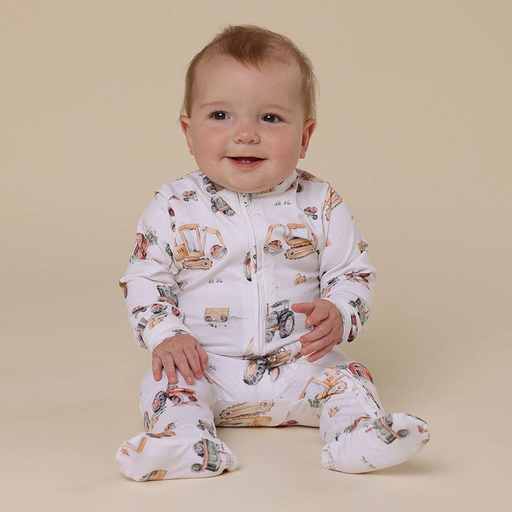 Organic Cotton Snuggle Hunny Sleepsuit - Diggers and Tractors
