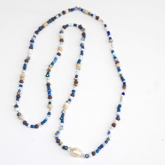 Blue Mixed Bead Necklace with Pearl