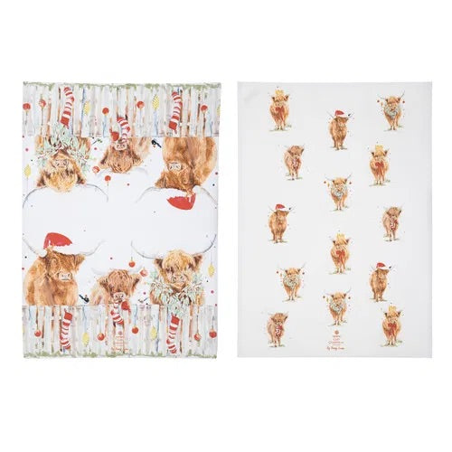 Highland Coo Christmas Tea Towels