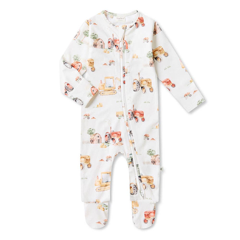 Organic Cotton Snuggle Hunny Sleepsuit - Diggers and Tractors