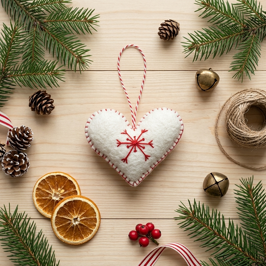 Embroidered Wool Felt Ornament – White Heart
