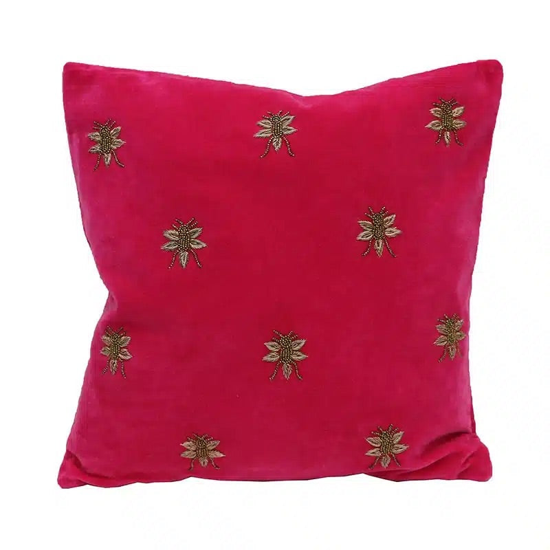 Pink Embroidered Velvet Bee Cushion