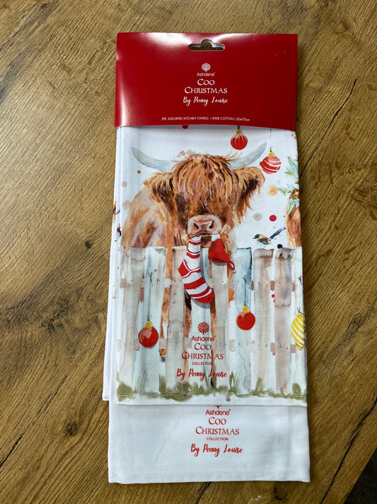 Highland Coo Christmas Tea Towels