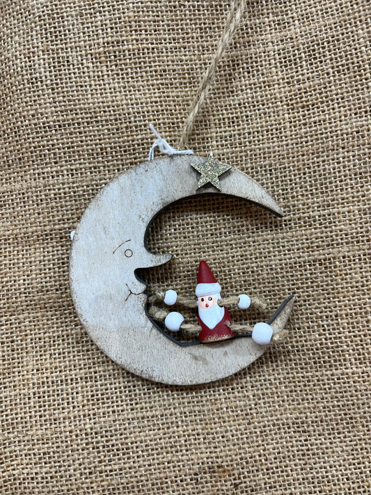 Hanging Wooden Moon with Santa