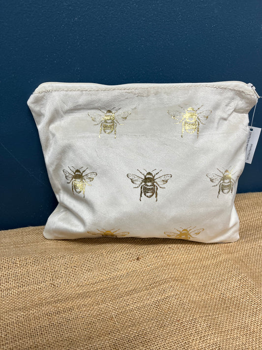 Cream Velvet Bee Cosmetic Bag - Large