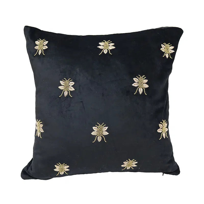Black Velvet Gold Embroidered Bee Cushion - Le Forge