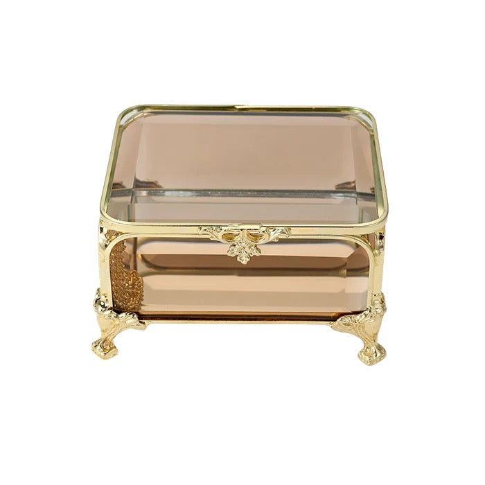Jewellery Box Gold Amber Glass Small