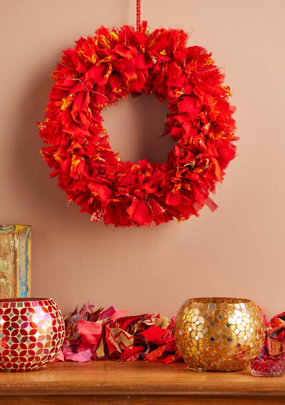 Recycled Sari Red Wreath - Small