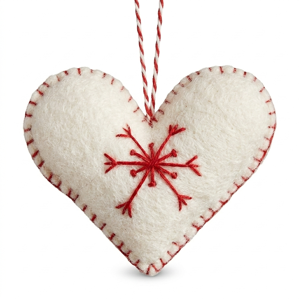 Embroidered Wool Felt Ornament – White Heart