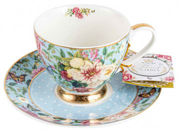 Floral Garden Tea Cup and Saucer - Blue