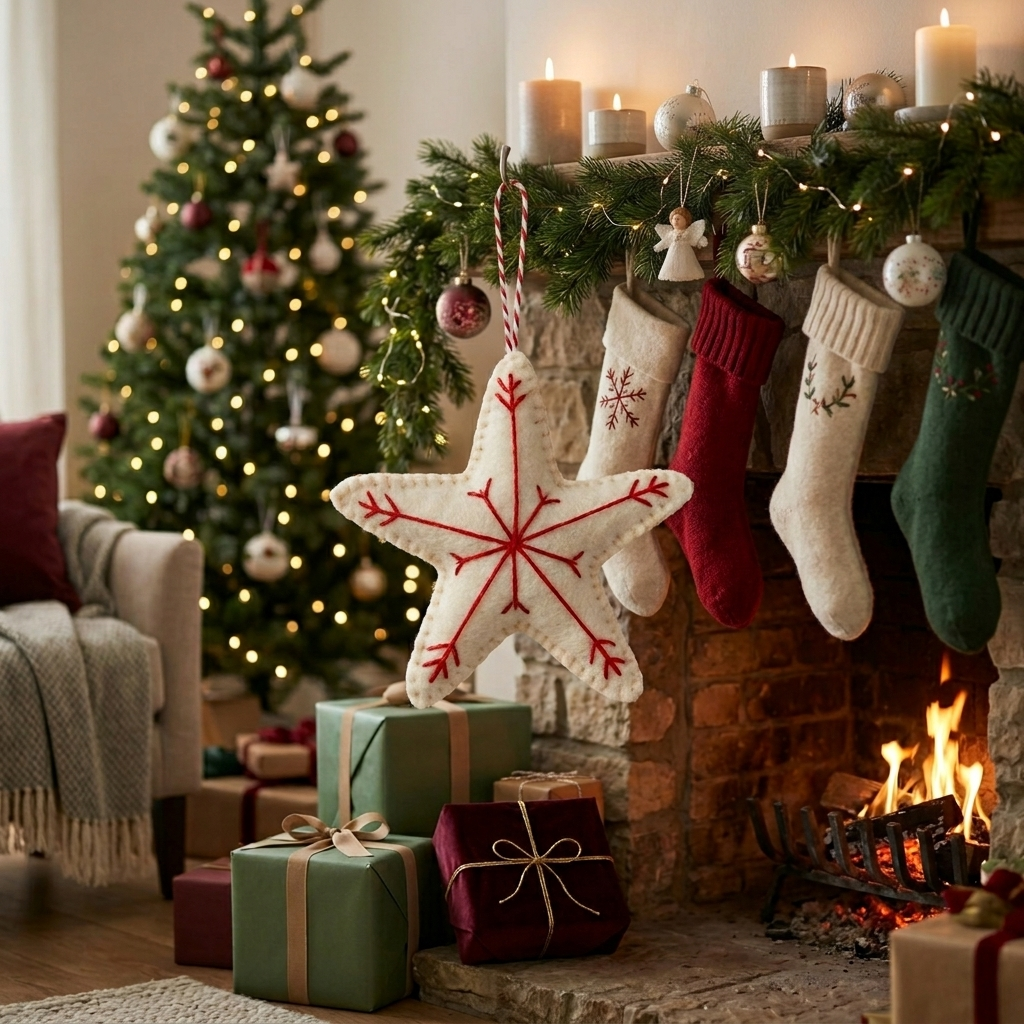 Embroidered Wool Felt Ornament – White Star