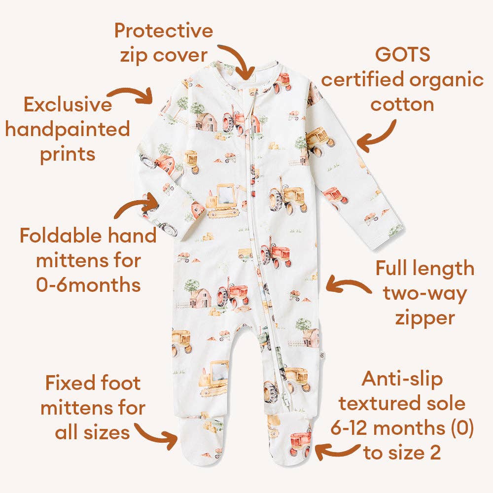Organic Cotton Snuggle Hunny Sleepsuit - Diggers and Tractors