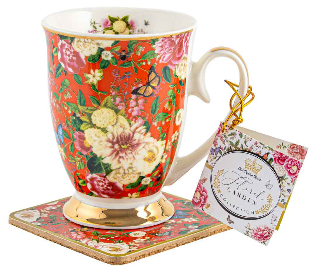 Floral Garden Mug and Coaster - Red
